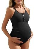 Summer Mae Maternity Swimsuit One Piece Bathing Suit Button Neck Cross Back Black M