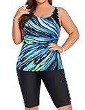 Hanna Nikole Plus Size Tankini Swimsuit Top with Knee Length Boyshorts Swimsuits for Women Tummy Control U Neck Vacation Swimwear Blue 20W