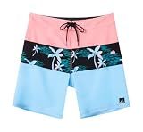 SURF CUZ Men's Board Shorts 4-Way Stretch Swim Trunks Quick Dry Beach Swimwear Bathing Suit（Pink-Coconut Tree，34）