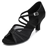 CLEECLI Women's Ballroom Dance Shoes Latin Salsa Dancing Shoes Cross Strap 2.5inch 3inch Heel ZB04(9.5,Black-2.5 Inch Heel)