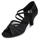 CLEECLI Women's Ballroom Dance Shoes Latin Salsa Dancing Shoes Cross Strap 2.5inch 3inch Heel ZB04(10.5,Black-2.5 Inch Heel)
