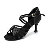 RoseMoli Women's Latin Dance Shoes Satin Professional Ballroom Salsa Practice Performance Dance Shoes Black-2.8