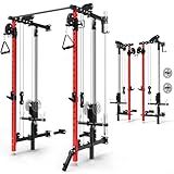 Folding Power Rack, Wall Mounted Squat Rack with Dual Independent Pulley System, Multi-Function Power Cage with 5 Adjustable Function Modes, Power Rack Trainer for Space Saving Home Gym