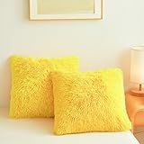 ERLOXO Plush Yellow Throw Pillow Cases Ultra Soft Fuzzy Fluffy Throw Pillow Covers with Furry Texture and Shaggy Touch, Faux Fur Cushion Shams for Sofa or Bed, Set of 2 with Zipper 18"x18"