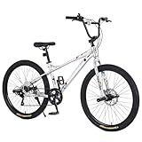 WDYLWFHW 26 Inch Freestyle Teens BMX Bike for Boys Girls, Children Bicycle with Carbon Steel Frame, 7-Speed Gear System and Double Disc Brakes, Aluminum Rims and Performance Tires (Silver, 26")