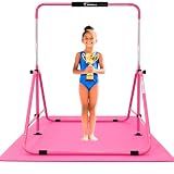 MARFULA Folding Gymnastics Kip Bar with Mat with Bar Pad for Kids Ages 3-12 | 5 Ft Kip Bar with 6 Ft Mat with Bar Pad, Adjustable Height 9 Levels, Gymnastic Equipment for Home and Club Indoor Outdoor Use