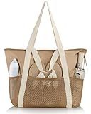 HOMESPON Beach Bag Large Waterproof Sandproof Foldable Tote Bag for Women with Zipper Mesh Pockets for Pool Cruise Travel Everyday (Khaki)