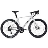 Lukstr Road Bike, 700C Integrated Racing Bike, Full Aluminum Frame Disc Sport Bike, 14 Speed City Commuter Bicycle, Urban Street Bike for Men Women (Frame Size 53CM, White)