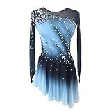 JoyCan Girl's Long Sleeved Blue Gradient Figure Skating Dress Elegant Figure Skating Skirt for Performance and Practice