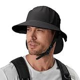 Surf Hat Bucket Beach Sun Hats with Chin Straps for Surfing,Boating,Riding,Fishing,Hiking,Watersports Men and Women,7cm Wide Stiff Brim-Black