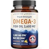 Triple Strength Omega 3 Fish Oil 3600 mg | EPA & DHA | Over 2100mg Omega-3 Fatty Acids | 1300mg EPA + 860mg DHA | Best Essential Fatty Acids | Premium Wild Caught & Burpless Fish Oil | 120 Ct