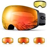 Odoland Magnetic Photochromic Ski Goggles Interchangeable with 2 Lens | UV Protection, OTG, Anti-Fog Large Spherical Frameless Snow Goggles for Low-Light and Sunny Day Men Women Skiing Snowboarding