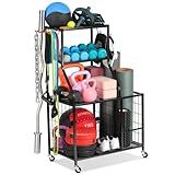 Weight Rack For Dumbbells Storage - Home Gym Storage Yoga Mat Storage Rack Workout Equipment Storage Rack for Kettlebells, Multifunction Exercise Equipment Gym Rack Organizer with Wheels and Hooks