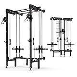 Folding Squat Rack, Wall Mounted Power Rack with Cable Crossover Machine & LAT Pull Down Multi-Function Space-Saving Power Cage with 7 Adjustable Modes/Dual Pulley System/Pull-up Bar/360°Landmine