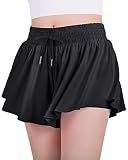 JOCMIC Girls Flowy Shorts, 2 in 1 Preppy Butterfly Shorts with Spandex Liner for Cheer Athletic Gym Teens Casual Clothes Black 10 Years
