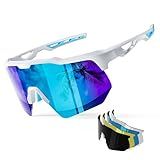 HAAYOT Polarized Cycling Glasses,Sports Sunglasses for Men Women,Baseball Biking Running Sunglasses 5 Lenses White Blue