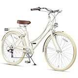 AVASTA 26 Inch Hybrid Bike, Lightweight Step-Through Hi-Ten Steel Frame for City Commuting, 6 Speed Comfort Bicycle with Light in Elegant Beige with Stylish Beige Tires for Woman Female