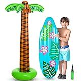 JellyArch 2 Pcs Summer Inflatable Palm Tree and Surfboard Set 70 Inches Blow up Palm Trees and 35.5 Inch Inflatable Surf Board Float with Hand Pump for Hawaiian Beach Tropical Luau Pool Party