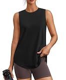 PINSPARK Womens Workout Tank Tops Sun Protection Athletic Tennis Top Crew Neck Running Tops Sleeveless Yoga Muscle Tank Hip Length Gym Shirts Loose Fit, Black XL