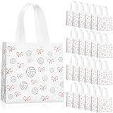 Sweetude 24 Pcs Volleyball Gift Bags Bulk with Handles Pink Bow Tote Sports Non Woven Sports Party Favor Gift Bag 7.9 x 7.9 Inch Party Favor Treat Candy Bags Supplies Bulk for Birthday Team Snack
