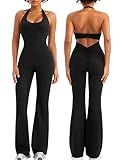 Relety Womens Flare Jumpsuits One Piece Halter Neck Twist Back Sleeveless Butt Scrunch Workout Romper Yoga Bodycon Unitard - Black Small