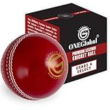 ONEGlobal Select Leather Cricket Ball | 100% Handcrafted, 156g - 5.5oz, 4-Piece Construction | Ideal for T20, Net Practice, Training etc. (Red, 1 Pack)