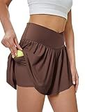 DLOODA Women's Athletic Running Shorts with Pockets Crossover Butterfly Flowy Shorts Cute Summer Skorts (Brown S)