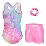 Zaclotre Leotards for Girls Gymnastics Outfit Hollow Back Sleeveless Sparkly Leotard Unitards with Tumbling Shorts 6-7 Years
