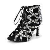 YKXLM Latin Dance Boots Salsa Bachata Ankle Open Toe Rhinestone Practice Performance Dancer Shoes Women,3.3''Heel,Black,9.5 US