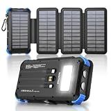 Solar Power Bank 20000mAh with 4 Panels, Portable Solar Charger with Build-in 3 Cables for iPhone, USB C in/Output 15W Fast Charging External Battery Pack with Flashlight & Camping Light