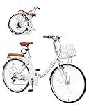 CamPingSurvivals 24/26 Inch Foldable Bike Folding Bicycle, 7 Speed Beach Cruiser Bike with Lock, Comfort Back Seat, Foldable Basket & Ergonomic Upright Frame, Cruiser Bicycle for Adults(26" White)