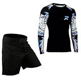 Roar MMA Rashguard & BJJ Grappling Shorts Cage Fight Jiu Jitsu Spats No Gi Sets (Blue/White, Small)