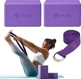 Gaiam Essentials Yoga Block 2 Pack & Yoga Strap Set, Deep Purple, 9"W x 6"H x 4"D