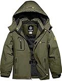 GEMYSE Boy's Waterproof Ski Snow Jacket Fleece Windproof Winter Jacket with Hood (Army Green,10/12)