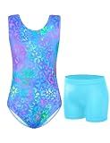 Jinhiteam Gymnastics Leotards for Girls 10-12 Years Old Blue Leopard Tank Tumble Bodysuits with Shorts Practice Outfits