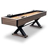 Hathaway Excalibur 9-Ft Shuffleboard Table for Great for Family Recreation Game Rooms, Designed with a Rustic Driftwood Finish with Built-In Leg Levelers, Includes 8 Pucks, Table Brush and Wax