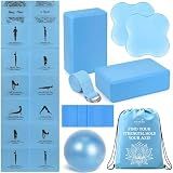 Foldable Yoga Mat and Blocks Set for Women with 2 Pack Yoga Blocks and Strap, Thin Non Slip Pilates Mat with Bag, Home Workout Equipment Essentials Starter Kit for Beginners Full Body Toning (Blue)