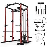 Mikolo F4 2.0 Power Cage with Dual-Track Smooth Pulley System, 1200LBS Power Rack with Leg Hold-Down for Heavy LAT Pulldowns, All-in-One Squat Rack with More Training Attachments for Home Gym (Red)