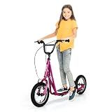 GYMAX Scooter, Kids & Adults Off-Road Scooter with 12" Inflatable Wheels, Adjustable Height Handlebar, V-Type Handbrakes & Axle Pegs for All Terrain, 8+ (Pink)
