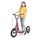 GYMAX Scooter, Kids & Adults Off-Road Scooter with 12" Inflatable Wheels, Adjustable Height Handlebar, V-Type Handbrakes & Axle Pegs for All Terrain, 8+ (Pink)