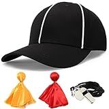 4Pcs Referee Hat Adjustable Official White Stripes Referee Cap,Stainless Steel Whistle and Yellow & Red Penalty Flag Ref Gear Accessories Great for Football Rugby Umpire Judges & Linesman Uniforms