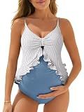 Summer Mae Maternity Swimsuit One Piece Ruffle Cutout Pregnancy Bathing Suit Lace Up Swimwear Blue Stripe Large