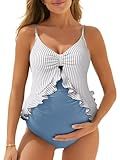 Summer Mae Maternity Swimsuit One Piece Ruffle Cutout Pregnancy Bathing Suit Lace Up Swimwear Blue Stripe Large