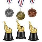 Ceenna 6 Pack Bowling Trophies and Medal Sets 3 Pcs 2.5 Inch Gold Silver Bronze 1st 2nd 3rd Medal and 3 Pcs 5.12 Inch Gold Bowling Trophies for Competitions Celebration Souvenir Tournament