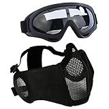 AOUTACC Airsoft Protective Gear Set, Half Face Mesh Mask with Ear Protection and Tactical Goggles for Kid Adult Men Women BBS Paintball Shooting CS Survival Games Cosplay (Black)
