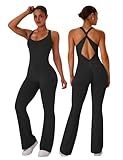 TDIFFUN Flare Workout Jumpsuits for Women One Piece Sleeveless Scrunch Butt Lifting Gym Bodysuit Sexy Backless Yoga Outfits - Black, Medium