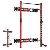 Mappding Folding Squat Rack Wall Mounted, 1100LBS Foldable Squat Power Rack Weight Cage with Pull Up Bar, J-Cups, Landmine and Partable Space Saving Free Standing for Home Gym Garage Workout, Red