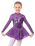 ODASDO Figure Skating Dress for Girls Ice Skating Kids Teenager Girl Mesh Long Sleeve Sparkly Rhinestones Sequin Skirted Leotard Gymnastics Competition Ballet Outfit Dancewear Purple 7-8 Years