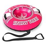 GYMAX Inflatable Snow Tube Sled, 42" Heavy Duty Snow Tubing for Sledding with Detachable Tow Strap, Cold-Resistant PVC, 3-in-1 Valve & Handles, Winter Outdoor Snow Toy for Children & Adults (Pink)