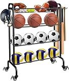 Ardier Ball Rack Organizer with Wheels, 4Tier-Rolling Basketball Racks Holder for Balls, Sports Equipment Storage Stand Organizer for Basketball, Football, Soccer and Volleyball, Black
